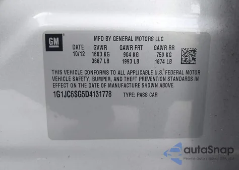 2013 Chevrolet Sonic Lt Auto z USA, uszkodzony, nr VIN 1G1JC6SG5D4131778